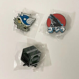 Lot of 3 Enamel Metal Pin Double Rubber Backing Mario Kart Shell Godzilla